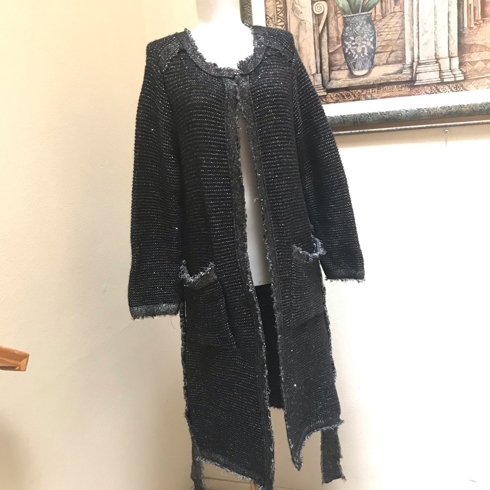 Zara Long Knit Cardigan Black Belted Sweater Coat Size L